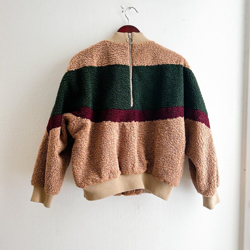 REVOLVE X J.O.A. Colorblock Teddy Faux Fur Jacket In Beige‎ & Forest SZ Small - Picture 11 of 11